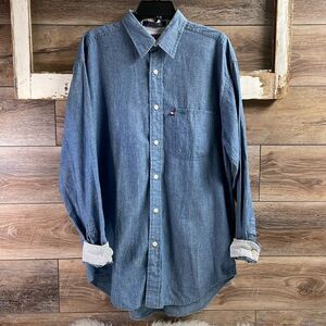 TOMMY HILFIGER Vintage 90s Men’s Blue Denim Chambray Long Sleeve Shirt Tunic M